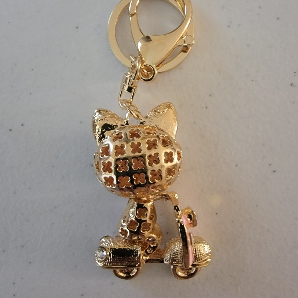 Rhinestone Cat Purse Charm Keychain Pink Crystal Kitty Scooter Handbag Charm - Picture 5 of 6